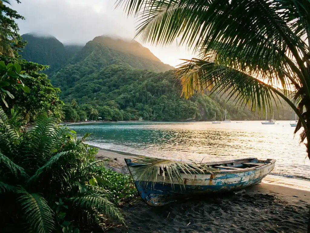 Verouderde houten pirogue op zwart zand aan een turquoise baai in Martinique, omgeven door weelderig tropisch groen op een vulkanische helling.
