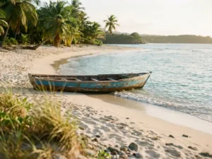 Wit zandstrand op Martinique met turquoise water, palmbomen en een houten pirogue boot aan de vloedlijn in middagzon.