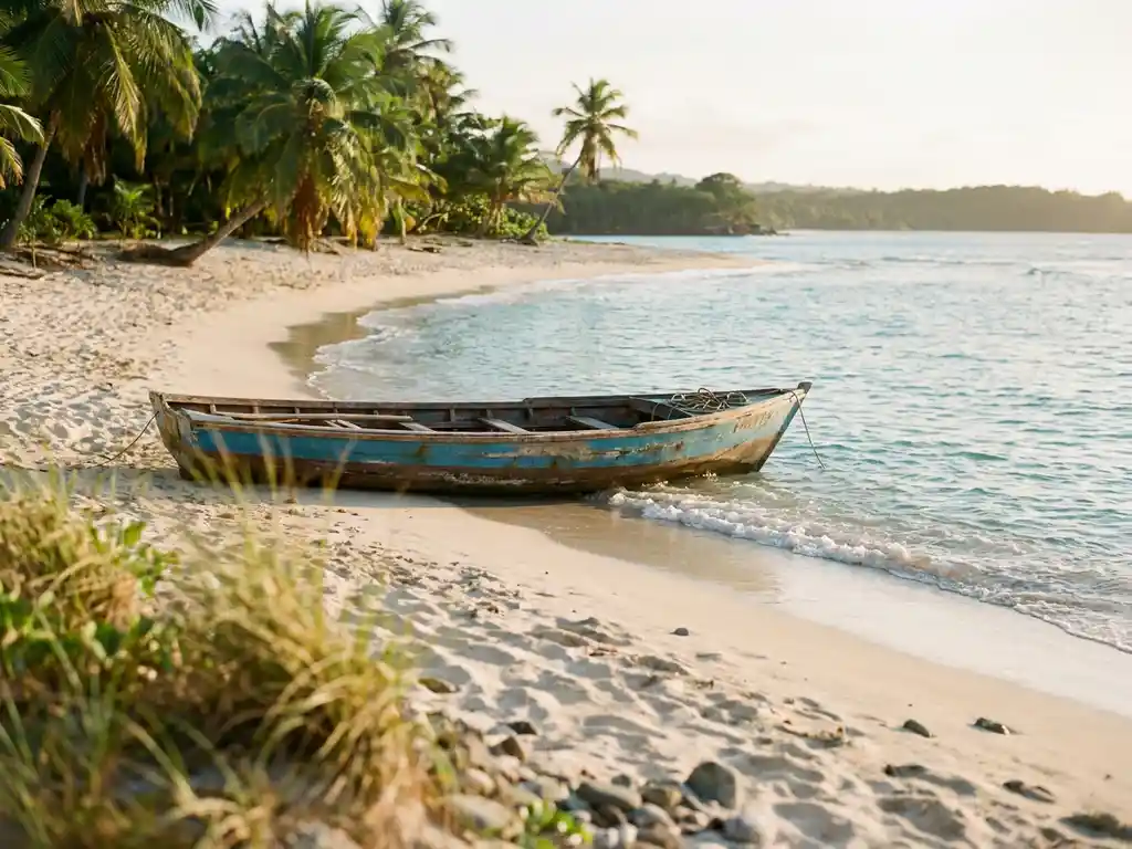 Wit zandstrand op Martinique met turquoise water, palmbomen en een houten pirogue boot aan de vloedlijn in middagzon.