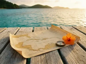 Verouderde nautische kaart van de Caraïbische Zee op een verbleekt houten steiger, met kompas en tropische bloem, turquoise water op achtergrond.
