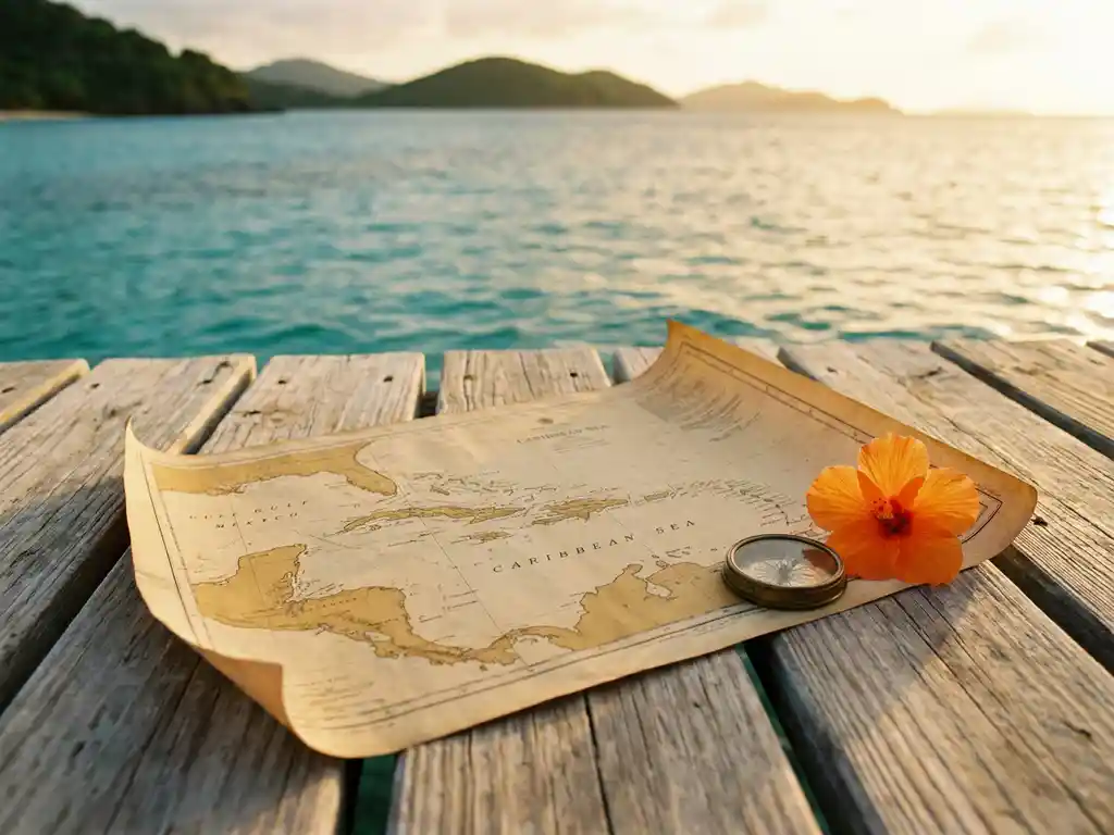 Verouderde nautische kaart van de Caraïbische Zee op een verbleekt houten steiger, met kompas en tropische bloem, turquoise water op achtergrond.