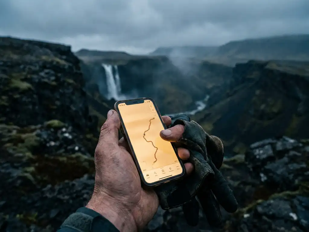 Verweerde hand met smartphone met gloeiende kaartroute, IJslands vulkanisch landschap met waterval en bewolkte lucht op de achtergrond.