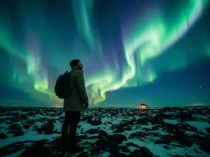 Reiziger op bevroren lavaveld in IJsland kijkt omhoog naar groen en paars noorderlicht boven een sterrenhemel, verlichte boerderij op achtergrond.