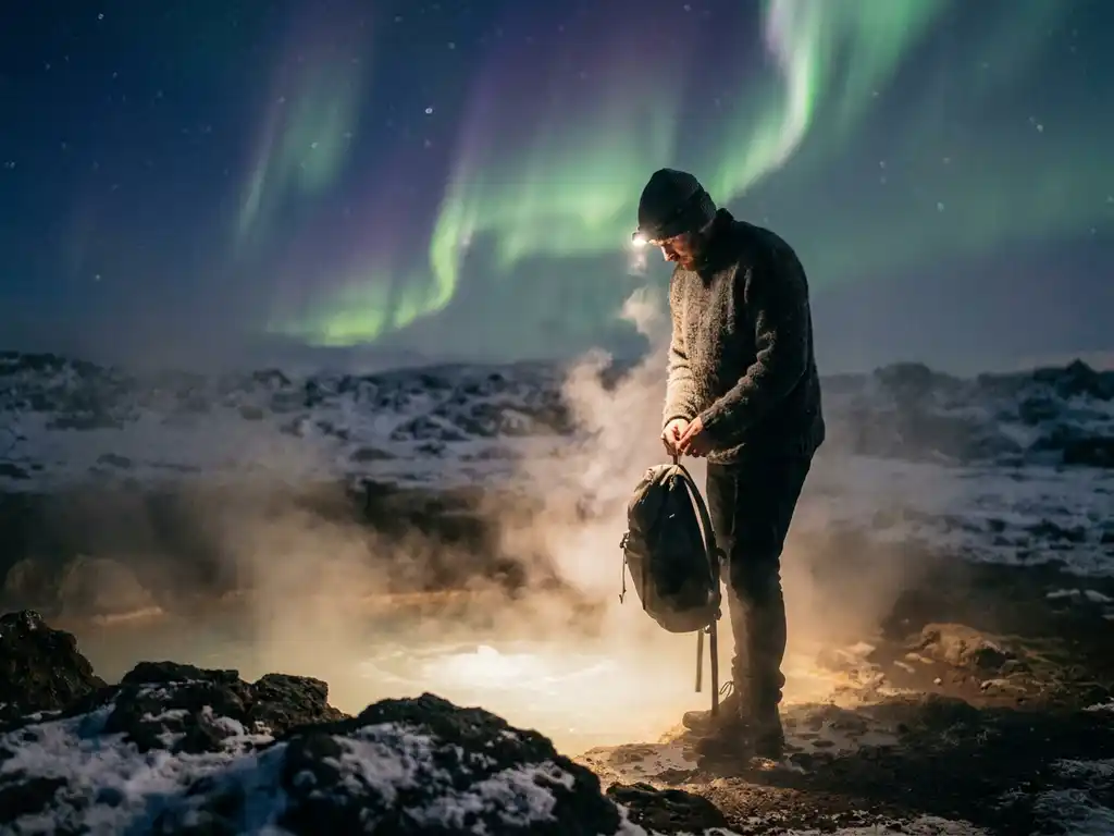 Reiziger in wollen trui naast dampende geothermische bron in IJsland, met groen en violet noorderlicht boven besneeuwd vulkanisch landschap.