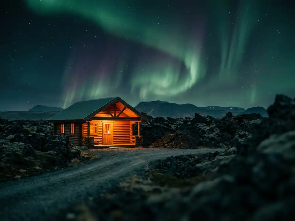 Houten hut met warm ambergloed op IJslands lavaveld onder een spectaculair noorderlicht in groen en violet.