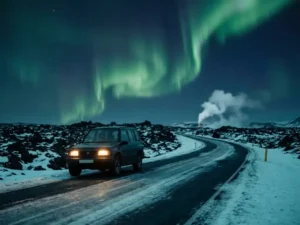 Huurauto op IJslands lavalandschap bij nacht, met groen noorderlicht boven donkerblauwe lucht en stoom van een hete bron.