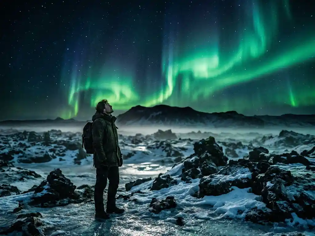 Reiziger op bevroren IJslands lavaveld onder levendige groene noorderlicht met vulkanische bergkam aan de horizon.