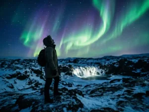 Reiziger op bevroren IJslands lavaveld kijkt omhoog naar groene en violette noorderlicht-slierten boven een sterrenhemel, met bevroren waterval op achtergrond.