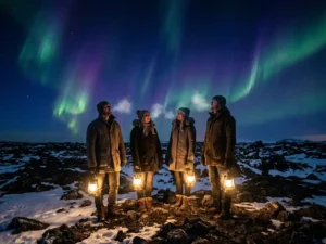 Reizigers op bevroren IJslands lavaveld kijken omhoog naar groene en violette noorderlichten boven een donkere winternacht.