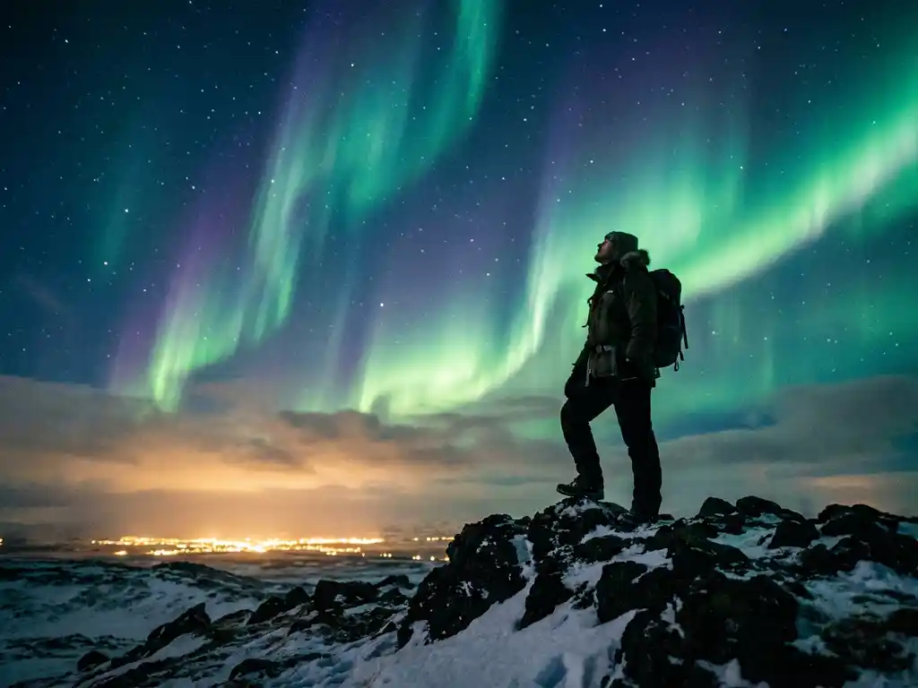 Reiziger op besneeuwde vulkanische heuvel bij Reykjavik, omhoogkijkend naar smaragdgroene en violette noorderlicht boven sterrenhemel.