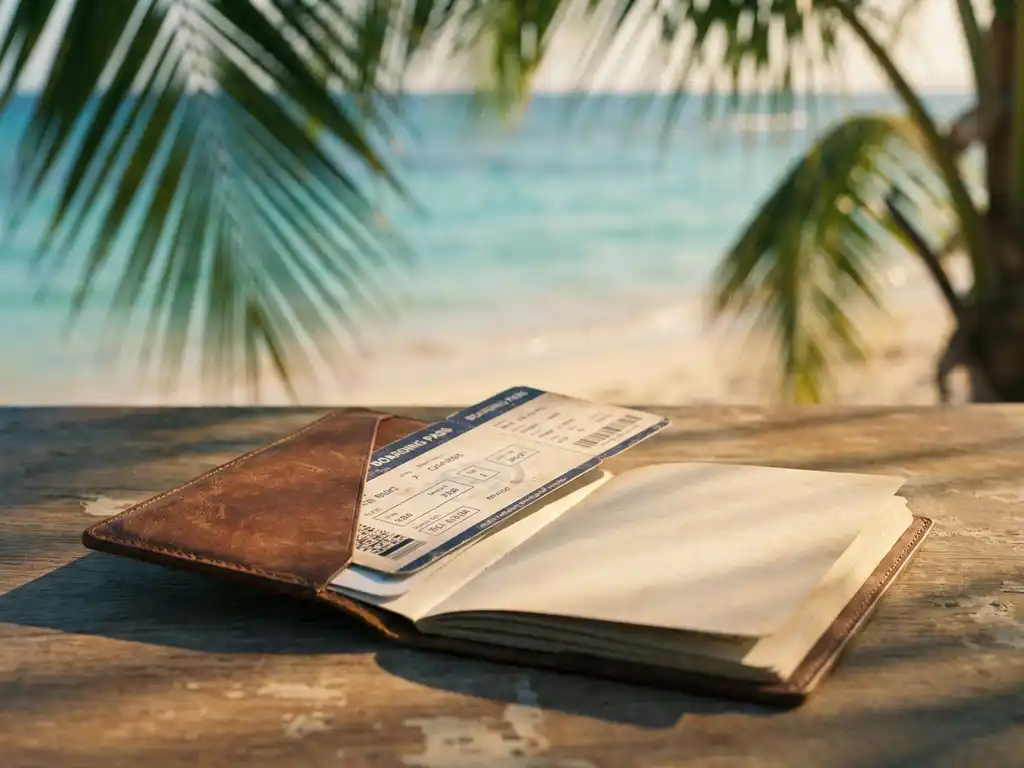 Versleten leren paspoort met instapkaart opengeslagen voor een tropisch Caribisch strand met turquoise water en palmbladeren.