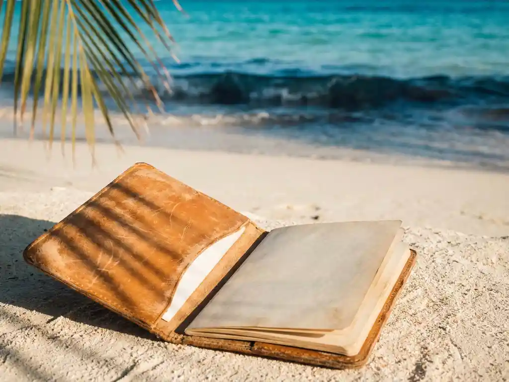 Versleten leren paspoort opengeslagen op wit zandstrand met turquoise Caribische zee en palmbladschaduw op de omslag.