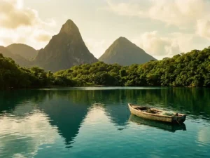 Petit Piton en Gros Piton rijzen op uit weelderig tropisch regenwoud boven turquoise Caribisch water, met een klein houten vissersbootje op de voorgrond.
