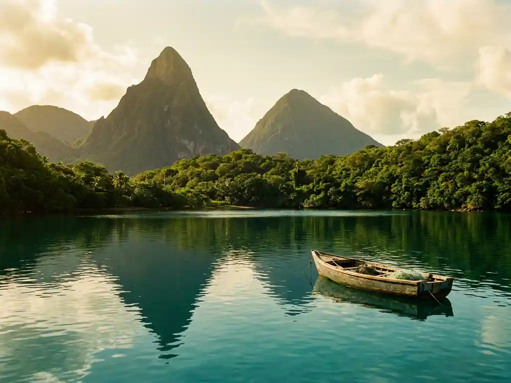 Petit Piton en Gros Piton rijzen op uit weelderig tropisch regenwoud boven turquoise Caribisch water, met een klein houten vissersbootje op de voorgrond.
