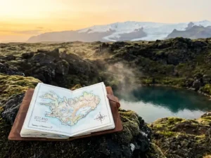 Versleten leren reisdagboek met handgetekende IJsland routekaart op bemost vulkanisch gesteente naast dampende geothermische bron, gletsjer op achtergrond.