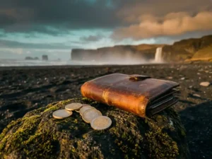 Versleten leren reisportemonnee met euromunten op een bemoste vulkanische rots, IJslands zwart zandstrand op de achtergrond.