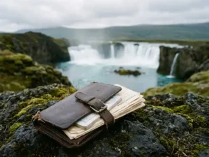 Versleten leren reisportemonnee met paspoort en reisverzekeringsdocumenten op vulkanisch zwart mos, IJslandse waterval op achtergrond.