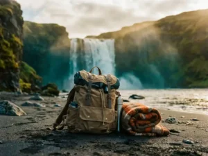 Reisrugzak op zwart vulkanisch zand met wollen deken en thermos, IJslandse waterval in mistige achtergrond bij gouden uur.
