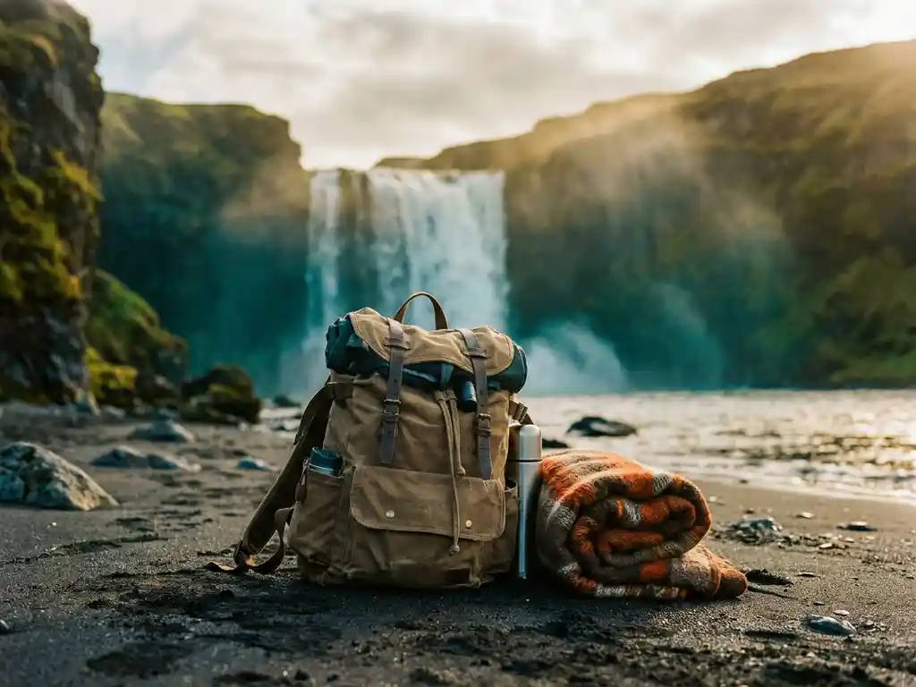 Reisrugzak op zwart vulkanisch zand met wollen deken en thermos, IJslandse waterval in mistige achtergrond bij gouden uur.