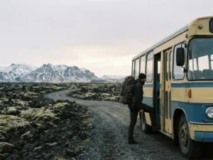 Rugzakreiziger stapt op een bus op een IJslandse weg, omgeven door zwarte lavavelden en besneeuwde bergen onder een bewolkte lucht.