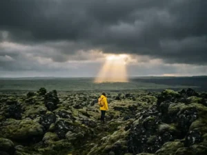 Reiziger in geel regenjas op IJslands lavaveld met stormwolken en gouden zonnestraal boven mosrijke vulkanische rotsen.