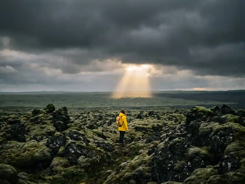 Reiziger in geel regenjas op IJslands lavaveld met stormwolken en gouden zonnestraal boven mosrijke vulkanische rotsen.