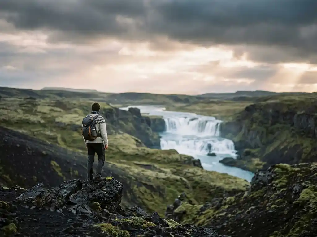 Reiziger aan de rand van IJslands vulkanisch landschap met waterval in de verte onder arctisch licht.