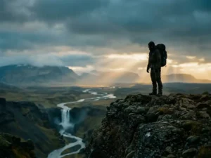 Eenzame reiziger op de rand van een Ijslandse vulkanische klif met uitzicht op glaciale valleien, een waterval en kronkelende rivier onder dramatische staalblauwe lucht.