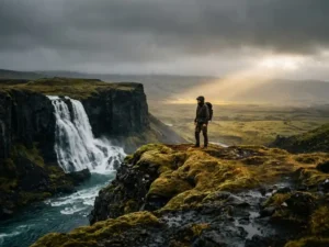 Eenzame reiziger aan de rand van IJslands landschap met waterval, zwarte vulkanische kliffen en goudgroen mos onder dramatische bewolkte lucht.