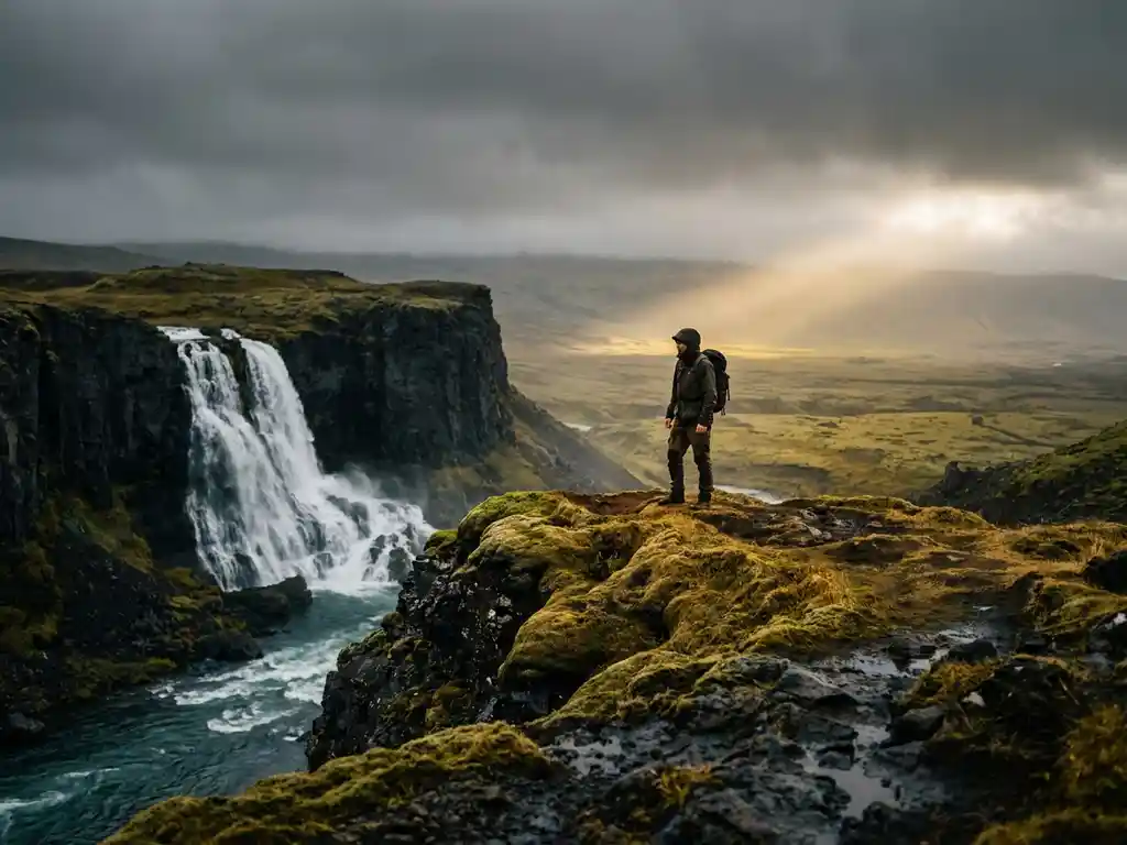 Eenzame reiziger aan de rand van IJslands landschap met waterval, zwarte vulkanische kliffen en goudgroen mos onder dramatische bewolkte lucht.