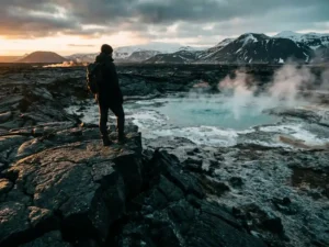 Reiziger bij uitgestrekt zwart lavaveld in IJsland, met dampende geothermische bron en besneeuwde vulkanen op de achtergrond.