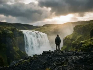 Reiziger op zwart lavaveld kijkt naar een waterval omgeven door smaragdgroen mos onder dramatische wolken met gouden licht in IJsland.