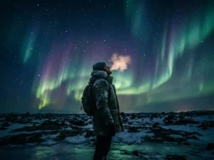 Reiziger op bevroren lavaveld in IJsland kijkt omhoog naar levendige groen-violette noorderlichten boven een sterrenhemel.