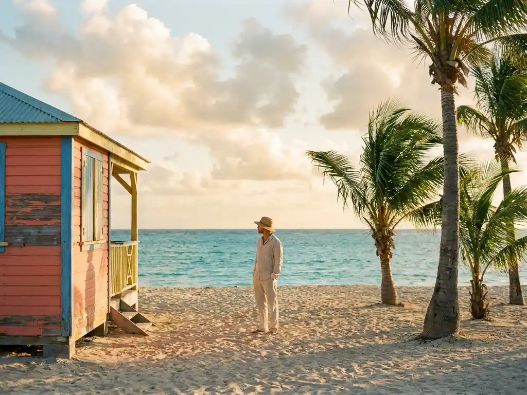Reiziger op zonnig strand van Saint-Martin met turquoise Caribisch water, kleurrijke strandhut en palmbomen op de achtergrond.