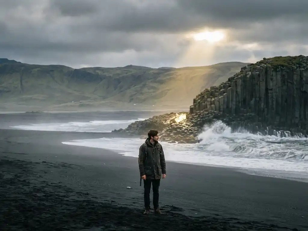 Eenzame reiziger op zwart vulkanisch strand in IJsland, met basaltkolommen, mosachtige hooglanden en een gouden lichtstraal door bewolkte lucht.
