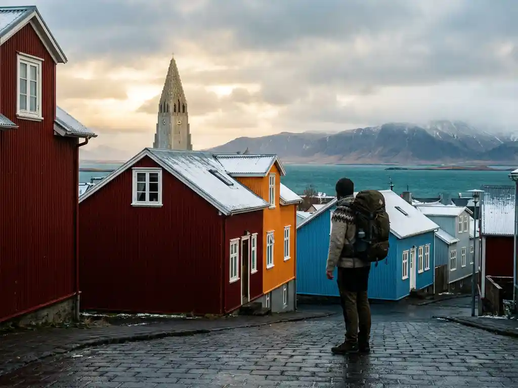 Reiziger met rugzak op een kasseienstraat in Reykjavik, kleurrijke golfplaten huizen en de Hallgrímskirkja kerk in besneeuwde mist.