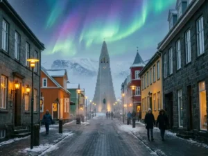 Kleurrijke daken van Reykjavik met Hallgrímskirkja onder noorderlicht boven besneeuwde vulkanische bergen, verlicht door warme straatlantaarns.