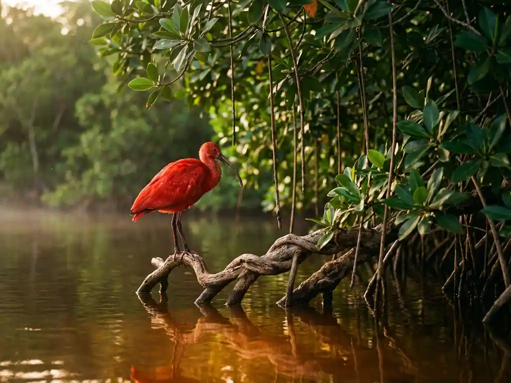 Scharlakenrode ibis op kronkelende mangrovewortel bij een tropische lagune, spiegelend in amberkleurig water bij goudkleurig avondlicht.