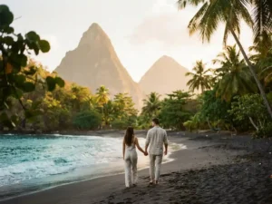Stel wandelt hand in hand op een verlaten strand in Saint Lucia bij gouden uur, met de Pitons op de achtergrond.