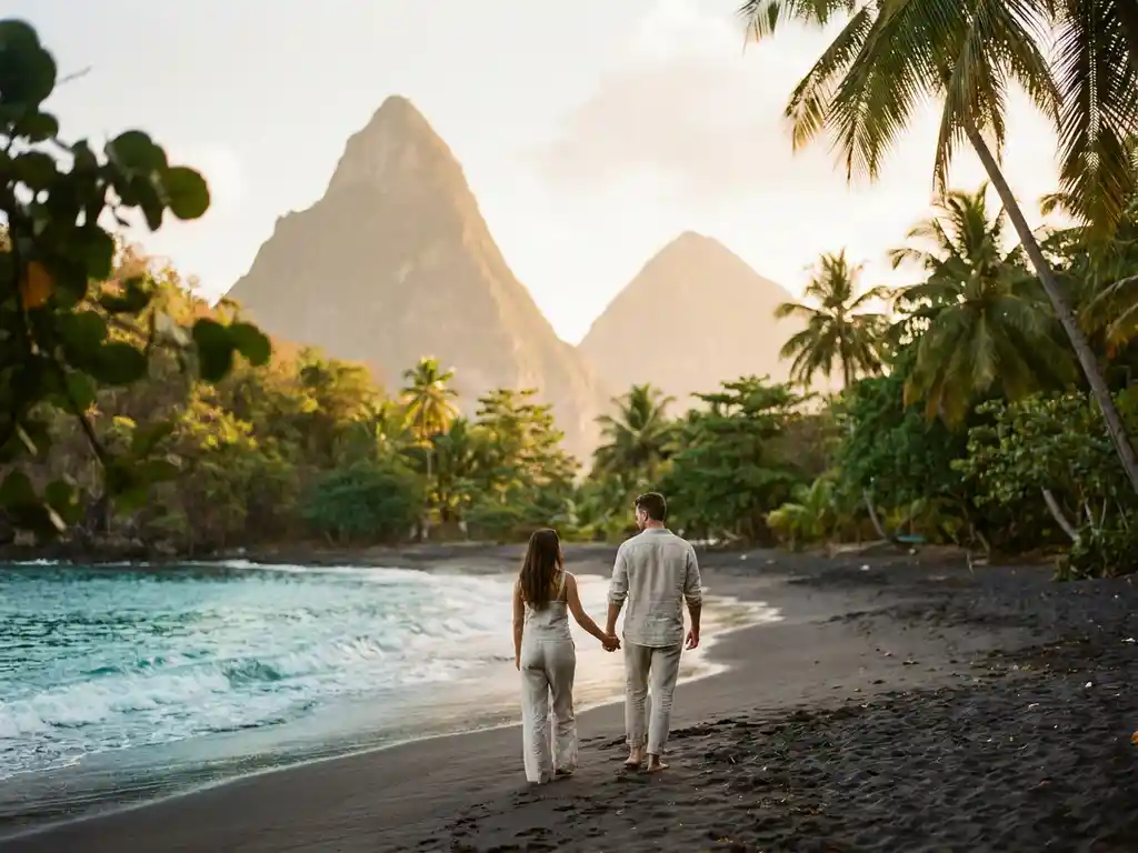 Stel wandelt hand in hand op een verlaten strand in Saint Lucia bij gouden uur, met de Pitons op de achtergrond.