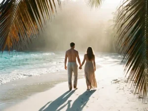 Stel wandelt hand in hand over een verlaten strand in Tobago tijdens het gouden uur, met turquoise Caribisch water en palmbomen.