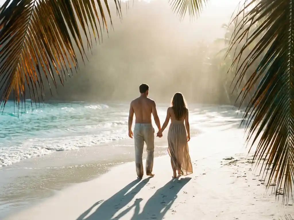 Stel wandelt hand in hand over een verlaten strand in Tobago tijdens het gouden uur, met turquoise Caribisch water en palmbomen.