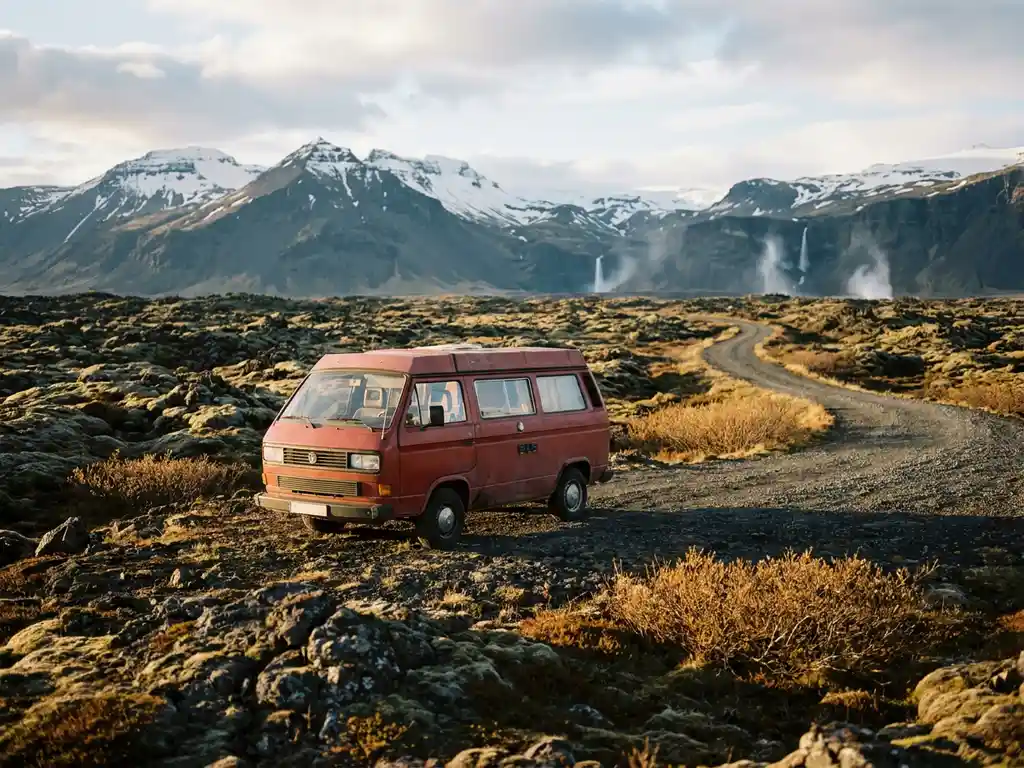 Rode campervan geparkeerd op een IJslands lavaveld met besneeuwde vulkanen, kronkelende grindweg en mistige watervallen op de achtergrond.