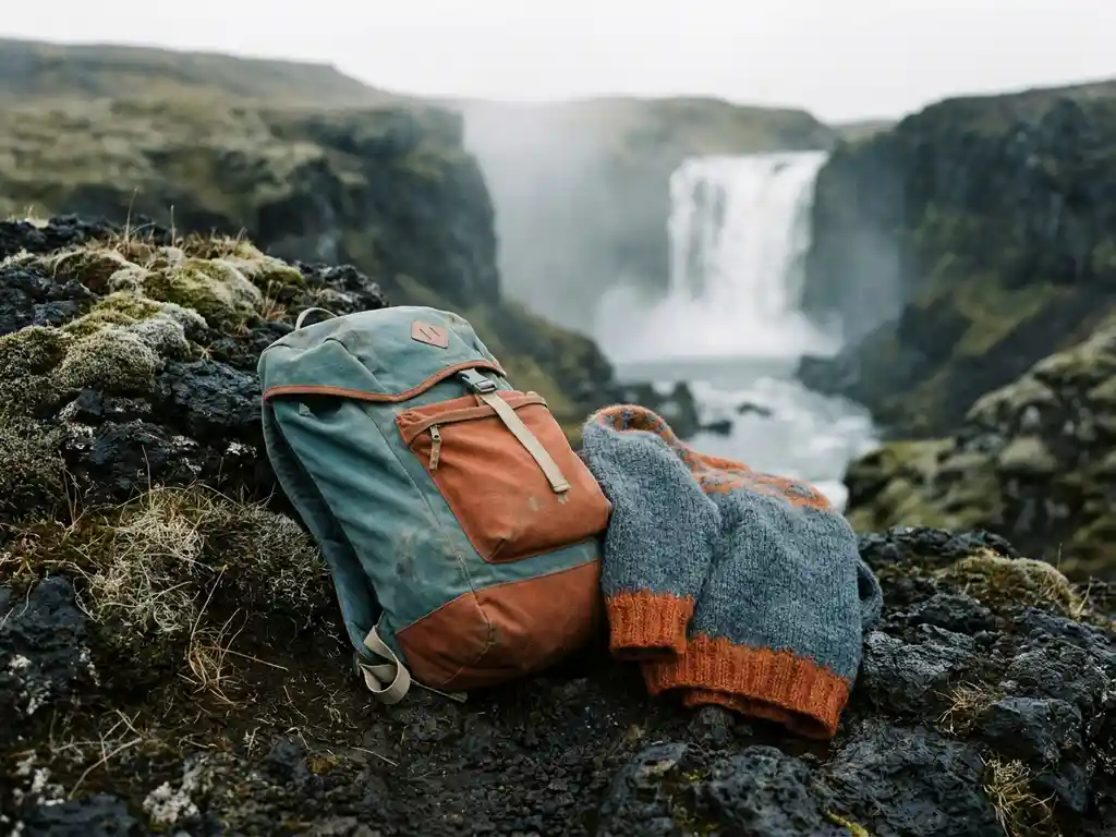 Verweerde wandelrugzak en grove wollen trui op zwart vulkanisch gesteente, omringd door Arctisch mos met IJslandse waterval op de achtergrond.