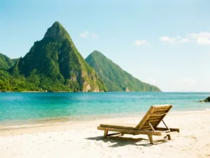Houten ligstoel op wit zandstrand van Saint Lucia met de iconische Pitons en turquoise Caribische zee op de achtergrond.