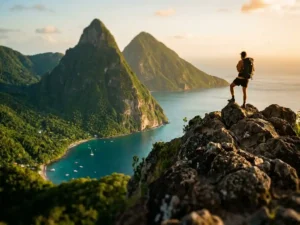 Wandelaar op vulkanische bergkam in Saint Lucia met uitzicht op de Twin Pitons, tropisch woud en Caribische zee bij gouden uur.