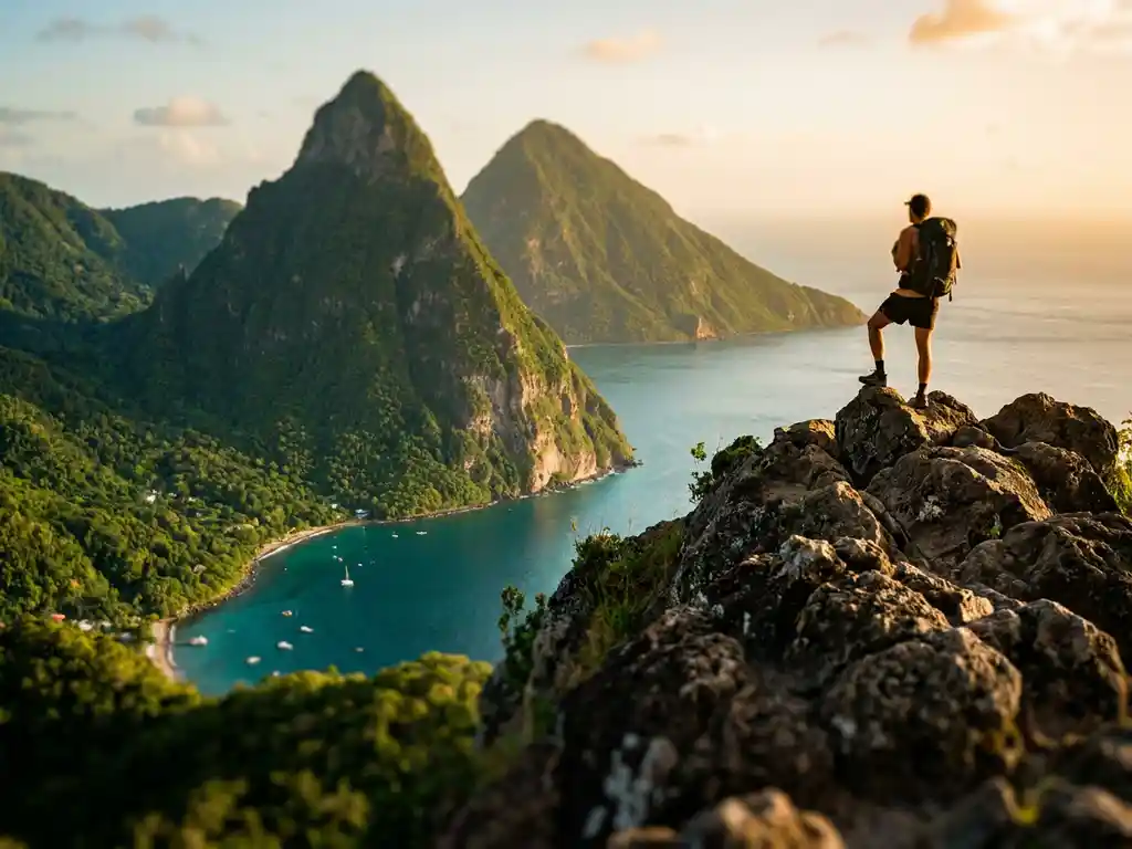 Wandelaar op vulkanische bergkam in Saint Lucia met uitzicht op de Twin Pitons, tropisch woud en Caribische zee bij gouden uur.