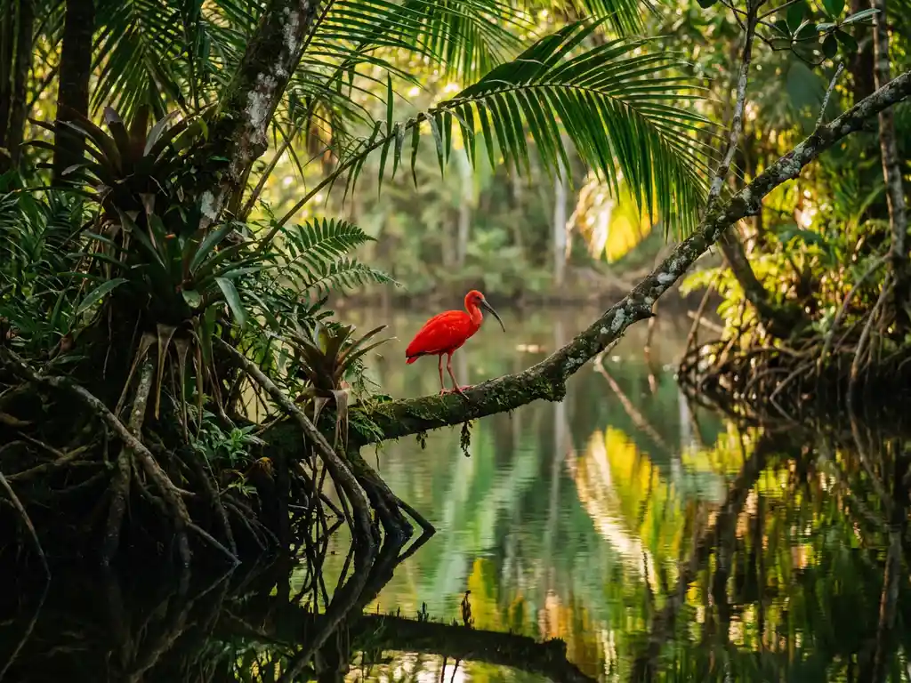 Scharlakenrode ibis op mangrovetak boven spiegelglad water in een natuurreservaat in Tobago, warm goudkleurig avondlicht.