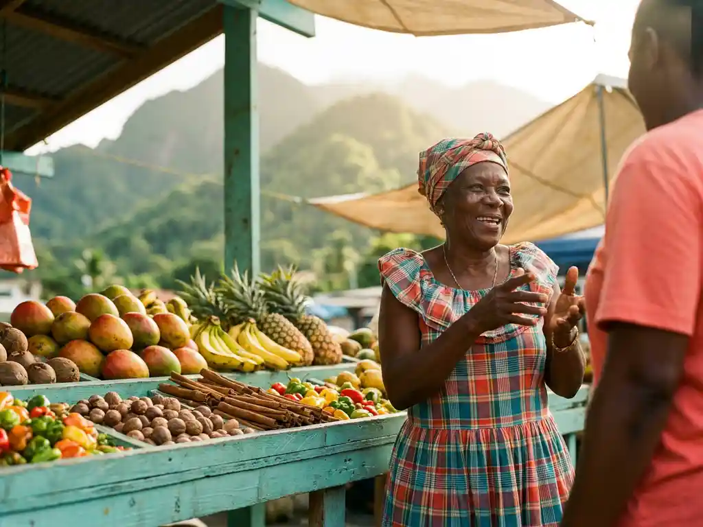 Heilzame vrouw in kleurrijke traditionele klederdracht bij turquoise marktkraam vol tropisch fruit en specerijen, groene vulkanische bergen op achtergrond, Saint Lucia.