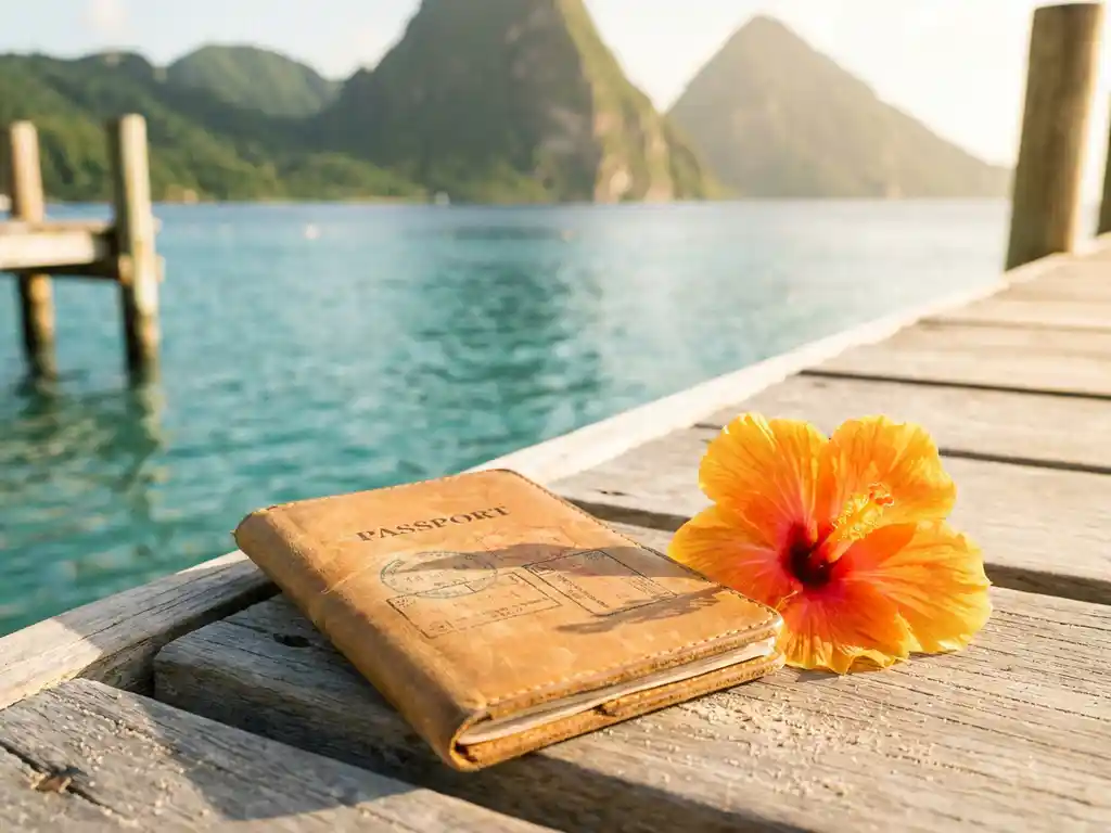 Versleten leren paspoort opengeslagen op een verbleekt houten steiger met turquoise Caribisch water en vulkanische toppen van Saint Lucia op de achtergrond.